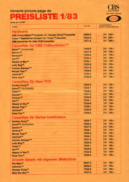 CBS (Arxon) Colecovision / Atari VCS-2600 / Mattel Intellivision - German Price List 1983