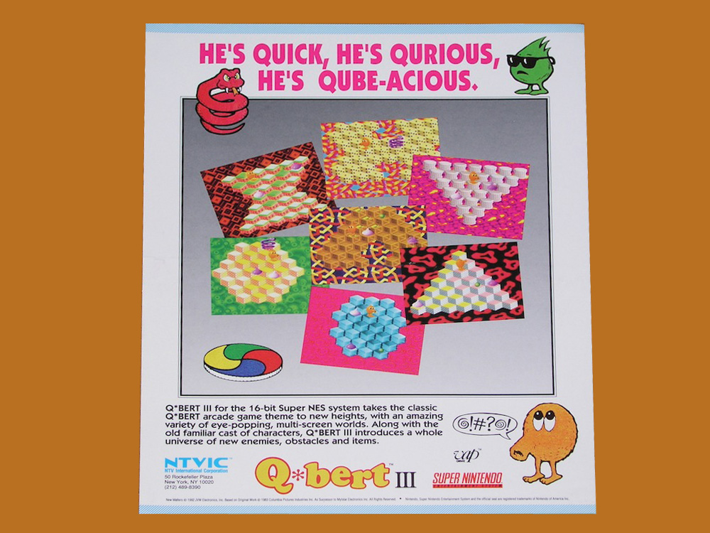 Nintendo Super NES Q*bert III "He's Quick, He's Qurious, He's Qube-Acious" AD (Q-bert, Qbert)